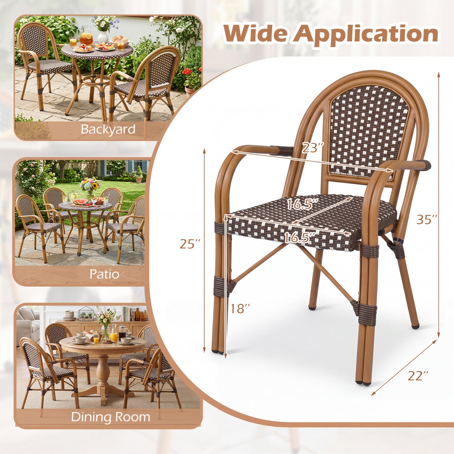 Hand-Woven PE Wicker French Bistro Chairs Set of 2, Brown Patio Dining Chairs at Gallery Canada