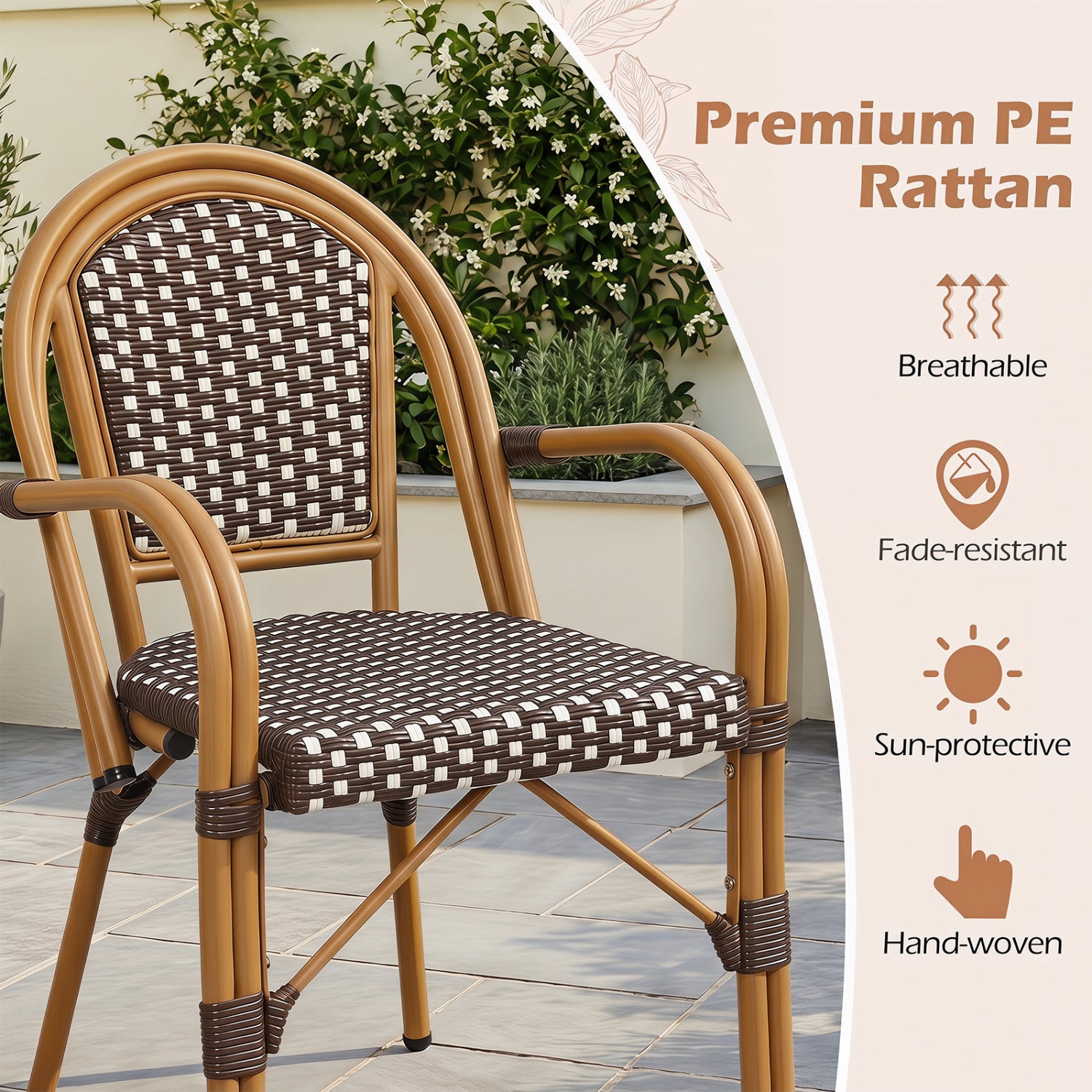 Hand-Woven PE Wicker French Bistro Chairs Set of 2, Brown Patio Dining Chairs at Gallery Canada