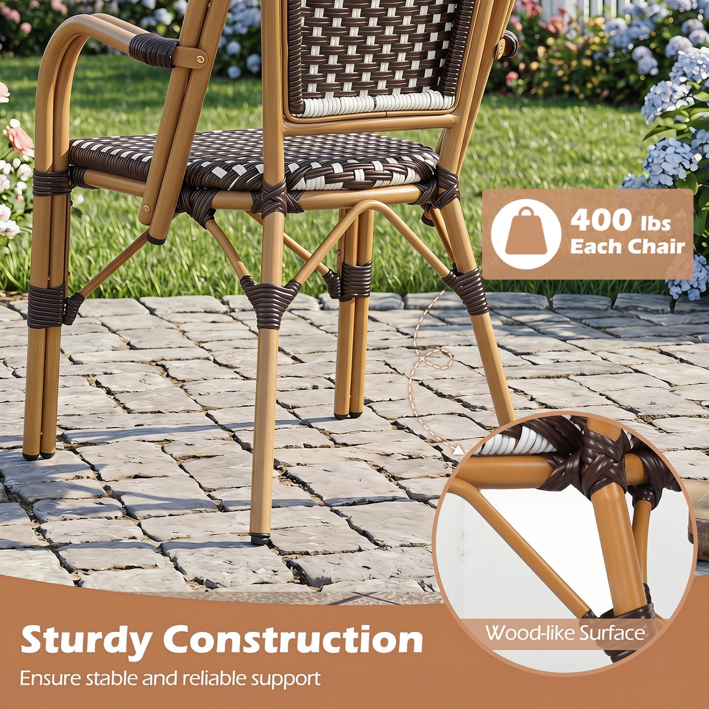 Hand-Woven PE Wicker French Bistro Chairs Set of 2, Brown Patio Dining Chairs at Gallery Canada