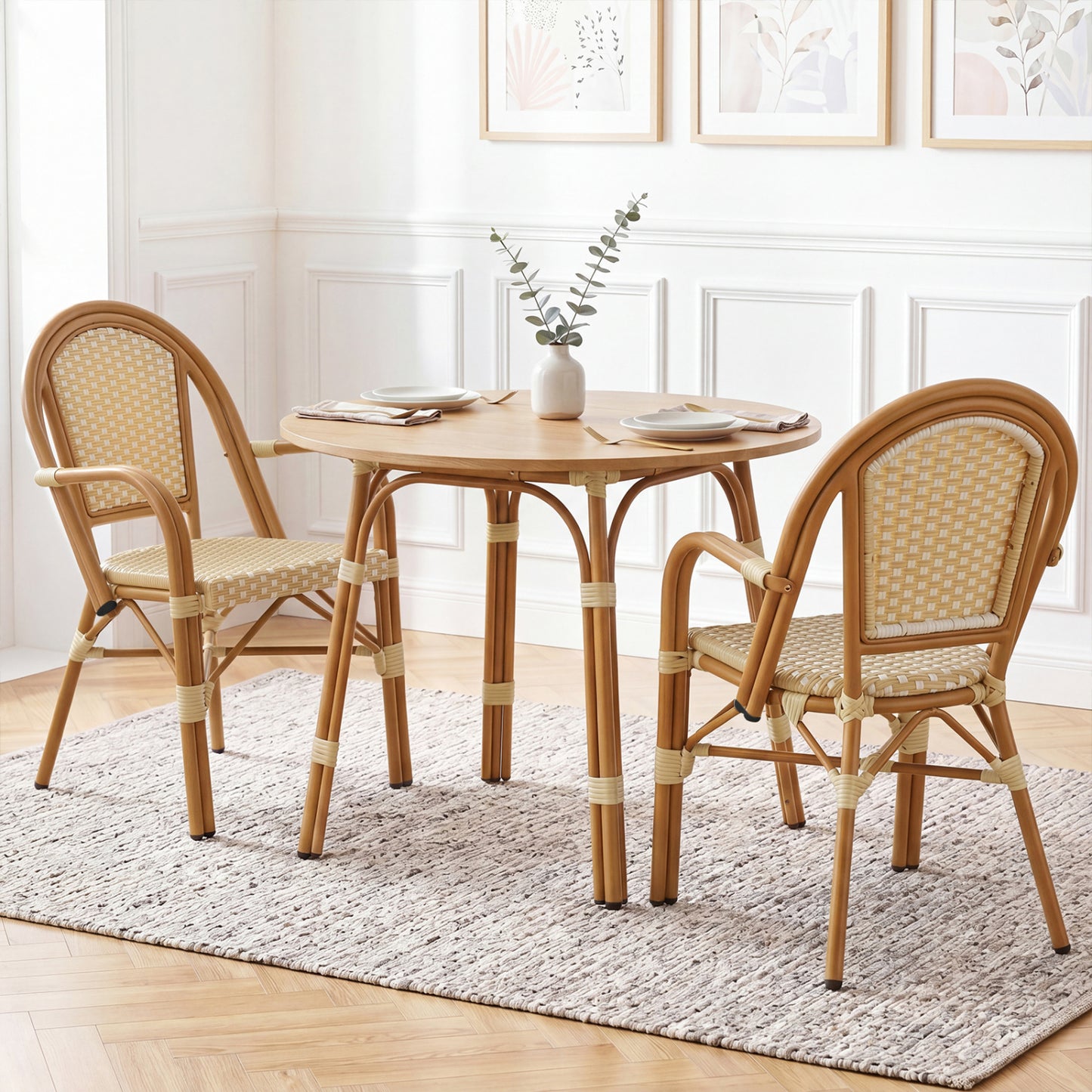 Chaises de bistrot français en osier PE tissé à la main, lot de 2, jaune