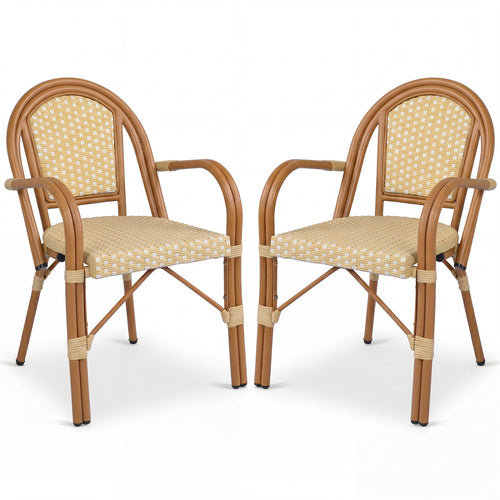 Hand-Woven PE Wicker French Bistro Chairs, Set of 2, Yellow