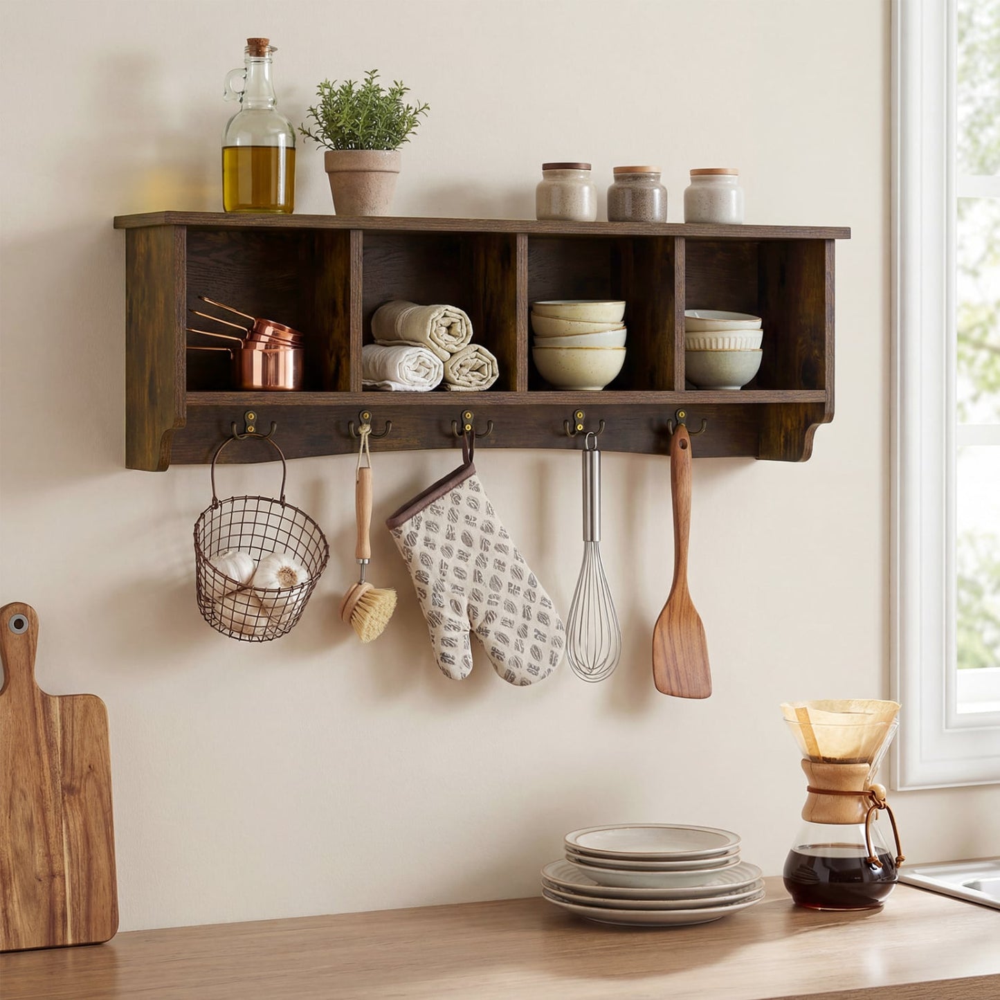 Hanging Entryway Shelf Coat Rack, Wall Mounted Storage Cabinet, Brown Coat Racks & Hall Trees at Gallery Canada