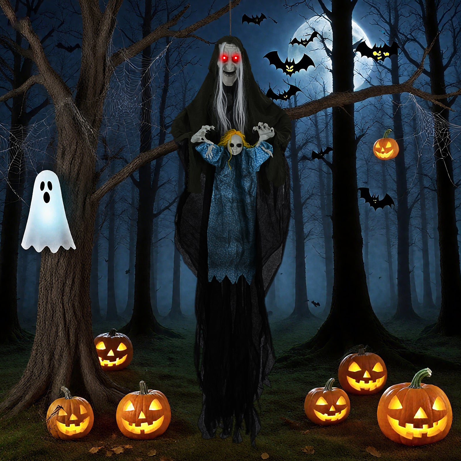 Hanging Halloween Decoration Sound-Activated Witch Holding Ghost Girl with Spooky Sounds Halloween at Gallery Canada