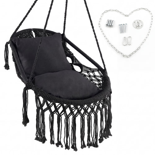 Hanging Hammock Chair With Soft Seat Cushions, Sturdy Rope Chain, Black