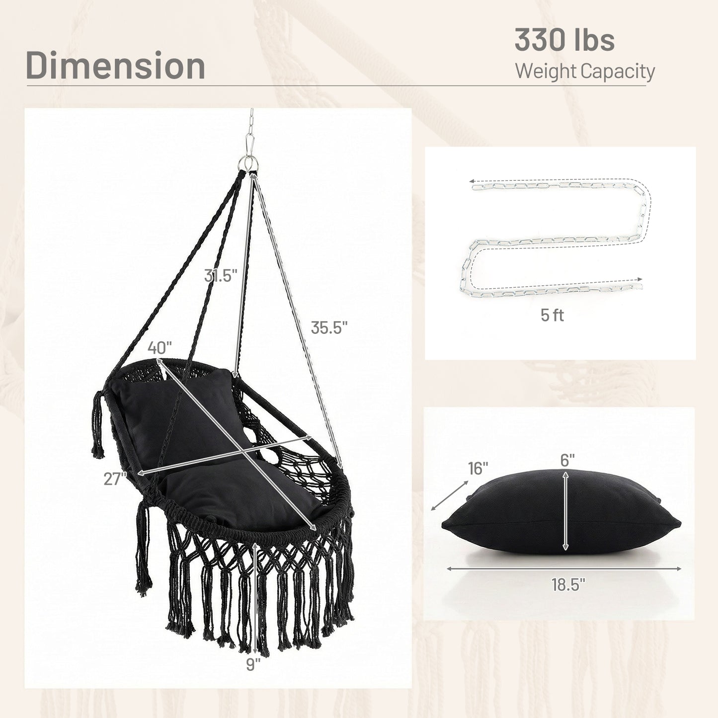 Hanging Hammock Chair With Soft Seat Cushions, Sturdy Rope Chain, Black Hammocks at Gallery Canada
