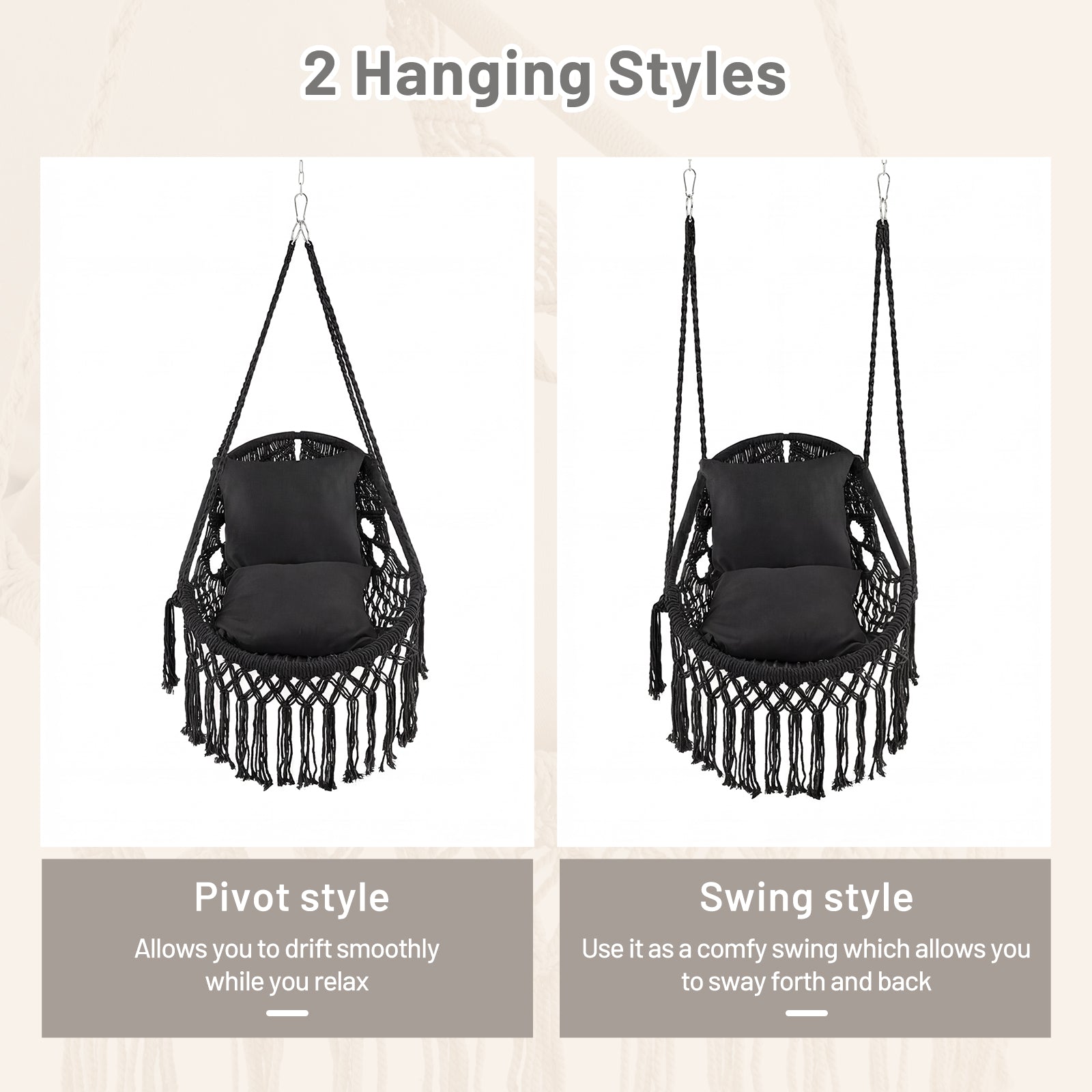 Hanging Hammock Chair With Soft Seat Cushions, Sturdy Rope Chain, Black Hammocks at Gallery Canada
