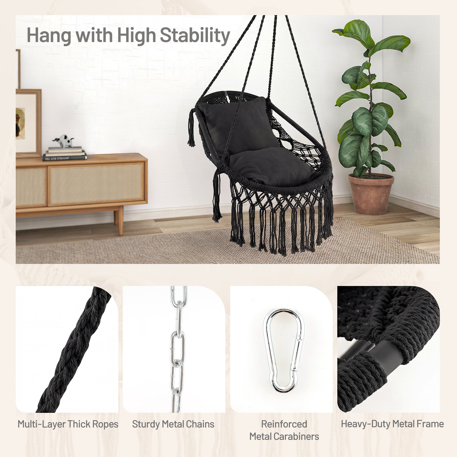 Hanging Hammock Chair With Soft Seat Cushions, Sturdy Rope Chain, Black Hammocks at Gallery Canada