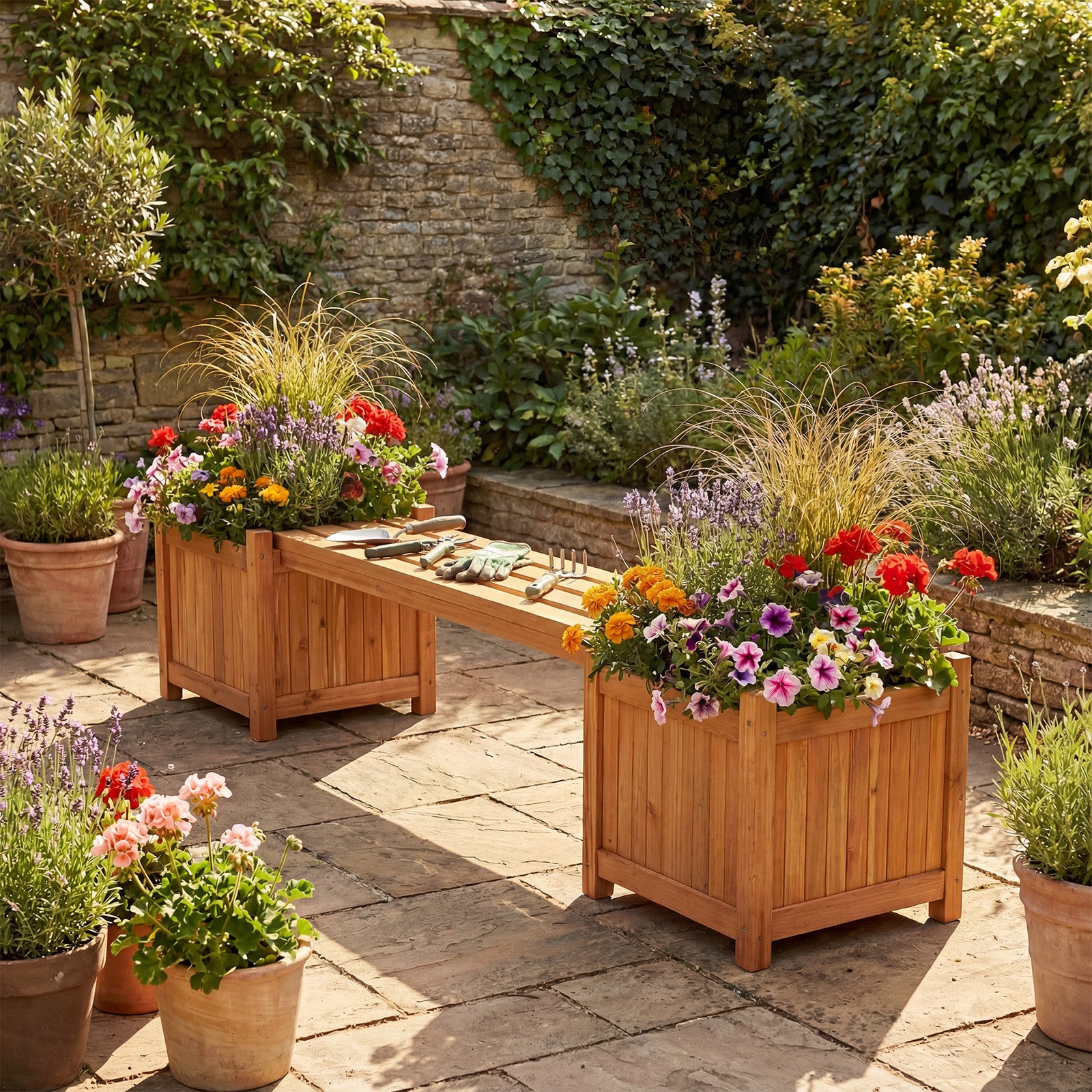 Hardwood Planter Box Bench, 2 Side Flower Boxes, Natural Potting Benches & Tables at Gallery Canada
