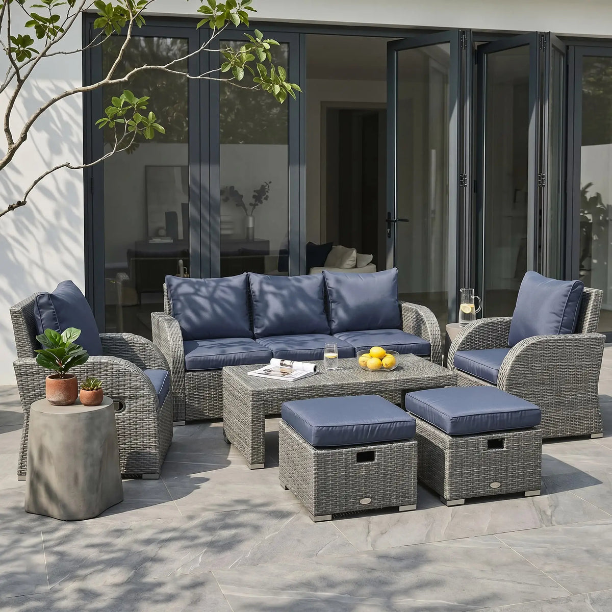 6-Piece PE Wicker Patio Sectional Set, with Cushions & Table, Dark Blue Patio Furniture Sets at Gallery Canada