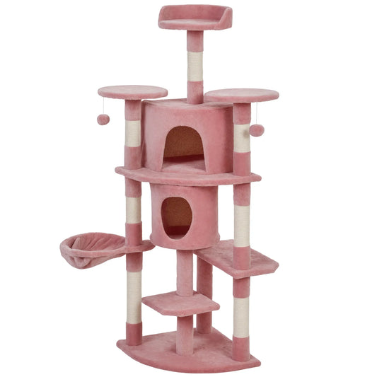 62" Cat Tree With Scratching Post, 2 Condos, Hammock, Pink