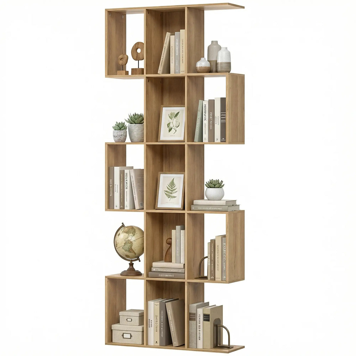 5-Tier S Shaped Geometric Bookcase, 15 Compartments, Oak