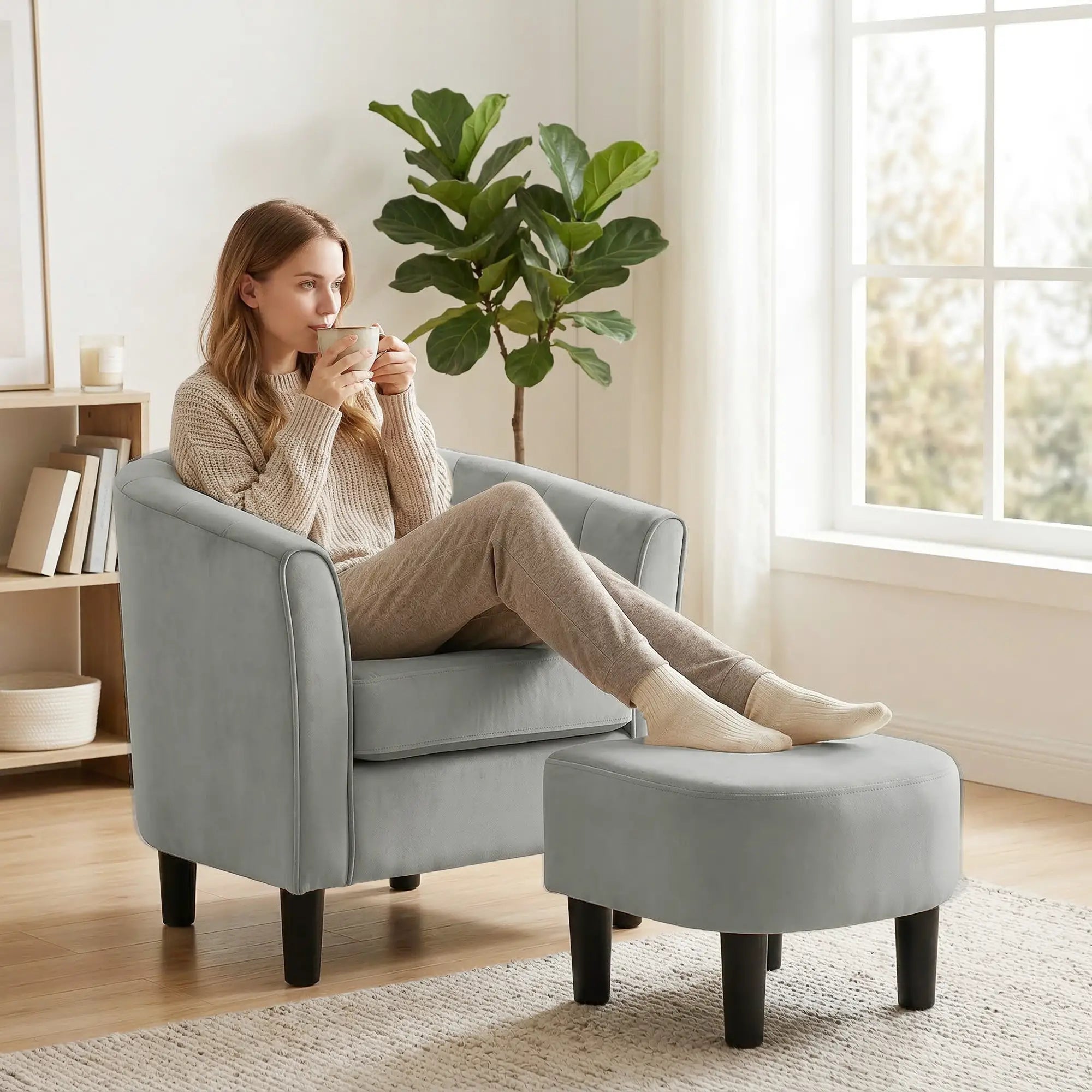 Accent Chair Modern Upholstered Living Room Chair with Ottoman and Pocket Spring Cushion Grey Accent Chairs at Gallery Canada