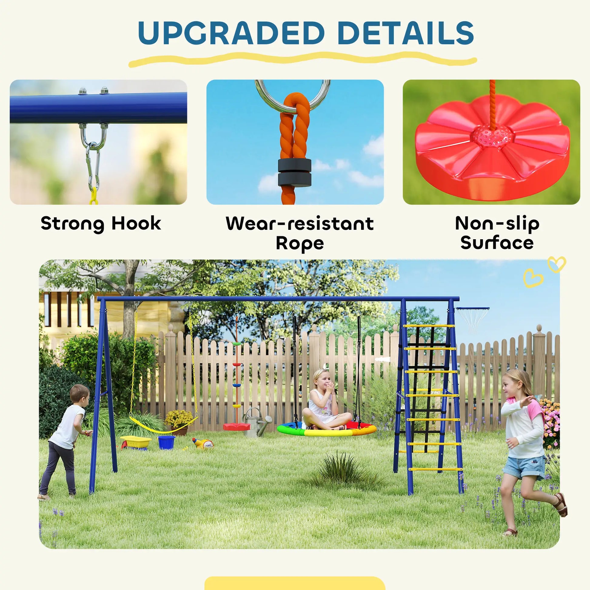 6 in 1 Kids Swing Set, Saucer Swing, Belt Swing, Disc Rope Swing, Ladder, Net, Basketball Hoop Gym Sets & Swings at Gallery Canada
