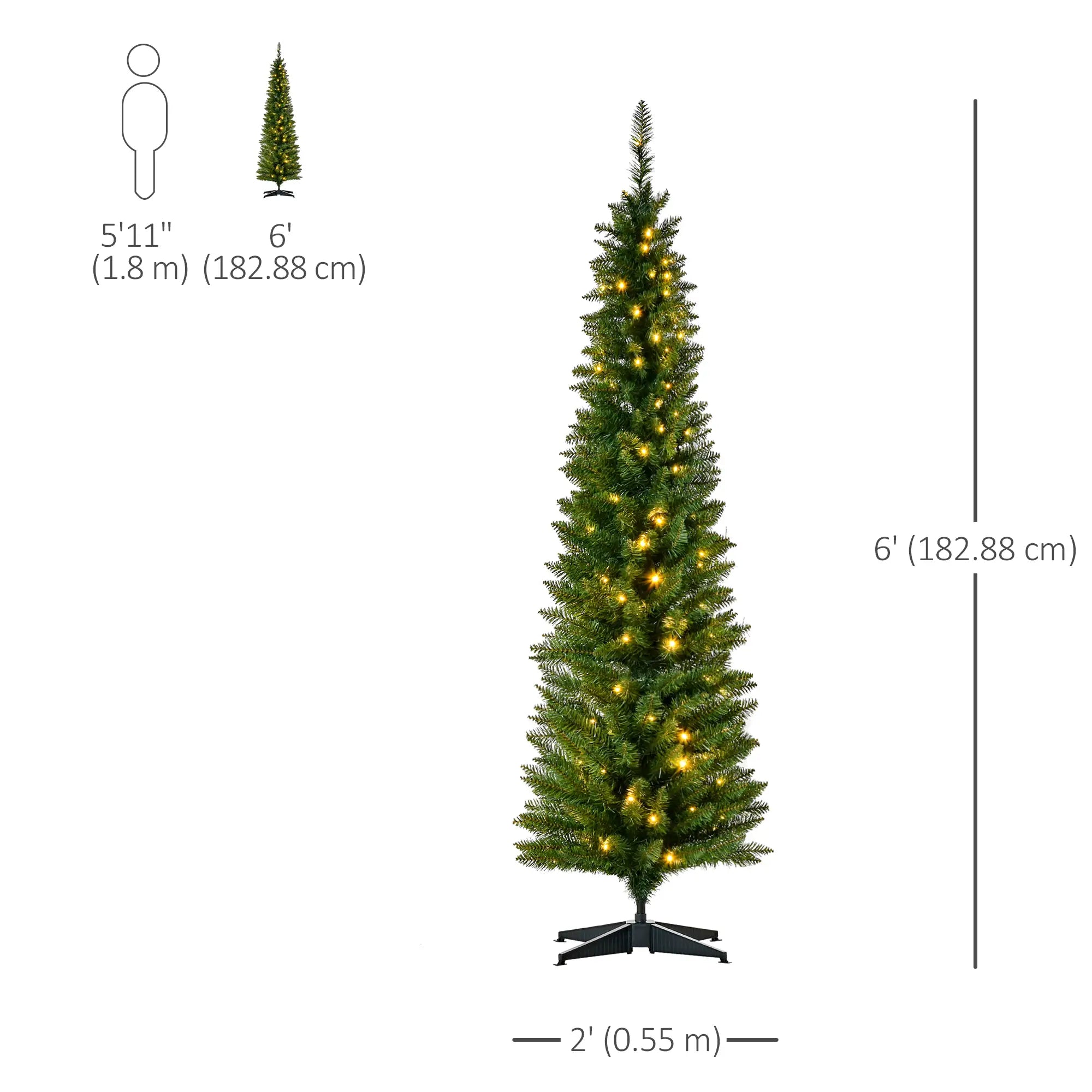 6' Pre Lit Artificial Pencil Christmas Tree, Warm White LED Lights, Green Pre Lit Christmas Trees at Gallery Canada