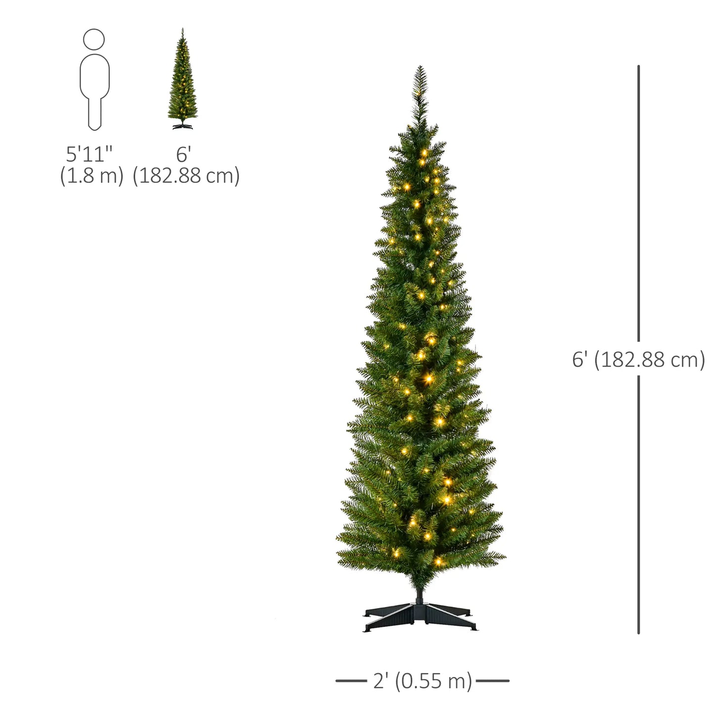 6' Pre Lit Artificial Pencil Christmas Tree, Warm White LED Lights, Green Pre Lit Christmas Trees at Gallery Canada