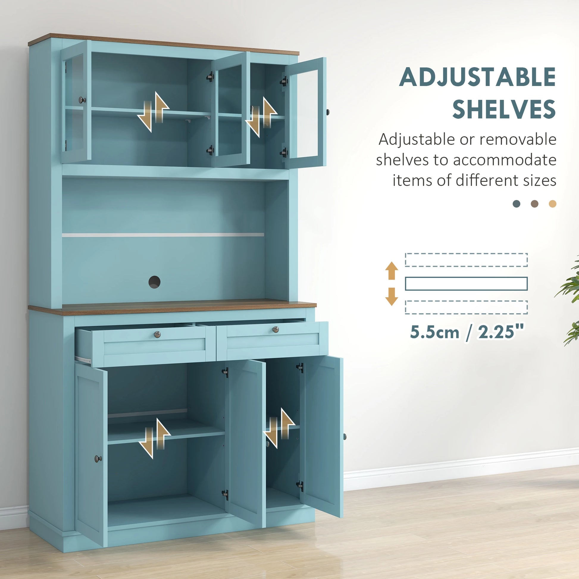 71" Pantry Cabinet with Microwave Space, Buffet Hutch, 2 Drawers, Adjustable Shelves, Glass Doors, Blue Kitchen Pantry Cabinets at Gallery Canada