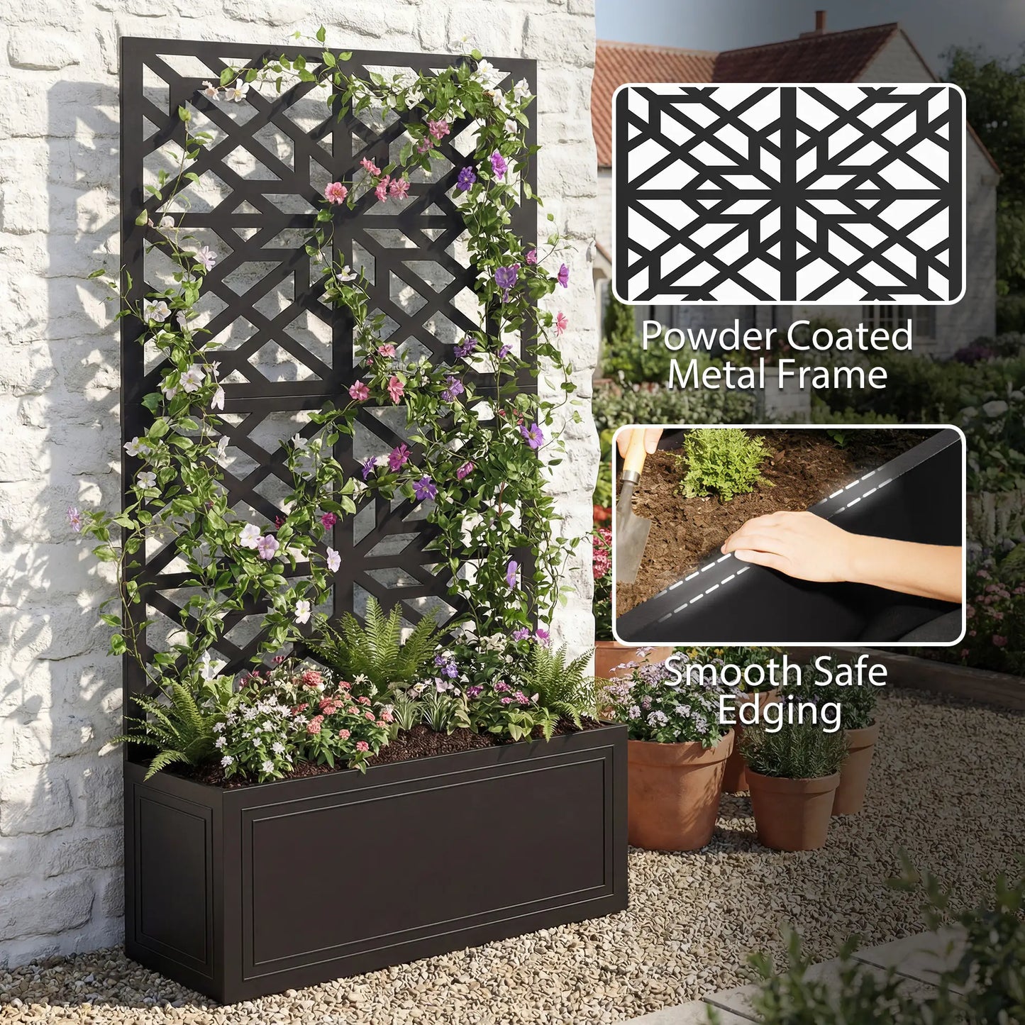 Lit de jardin surélevé en métal avec treillis pour plantes grimpantes