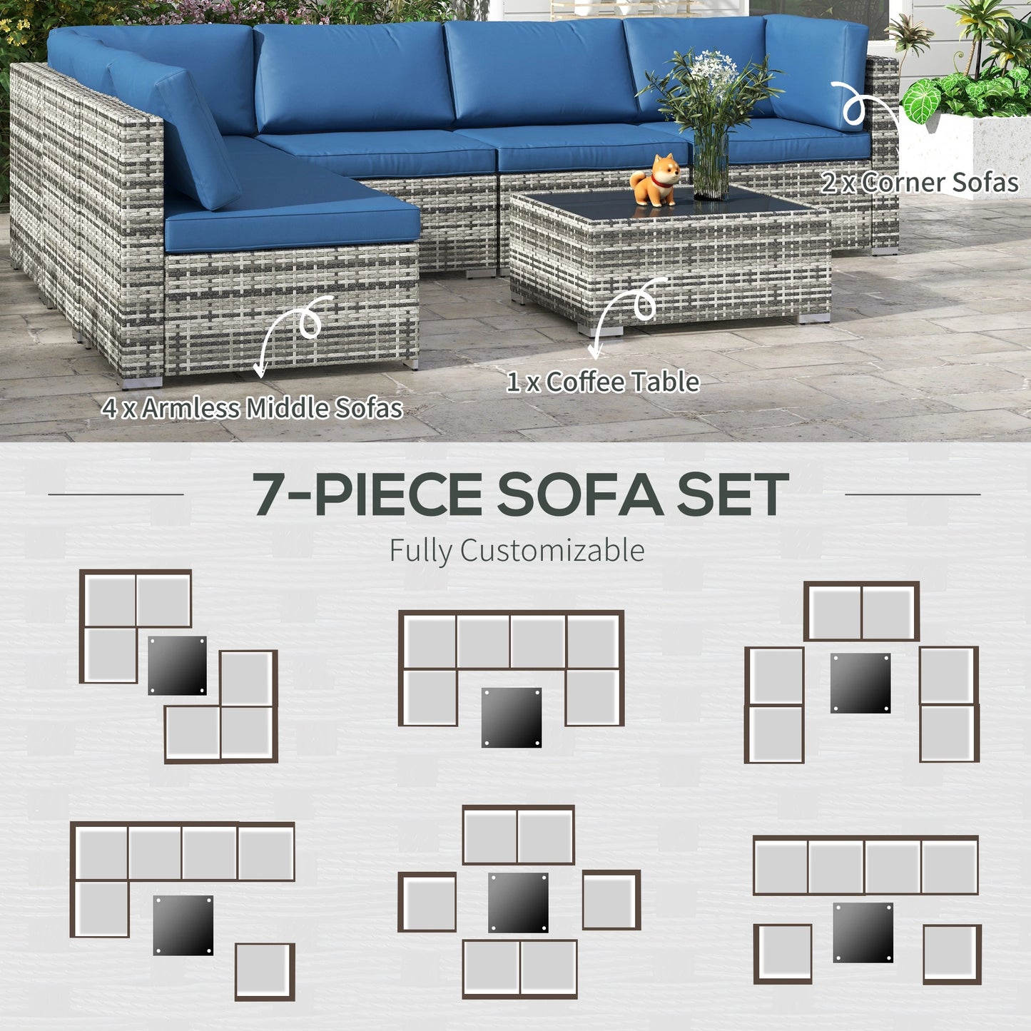 7pc Wicker Sectional Set, Tea Table, Rattan Sofa, Outdoor Furniture, Blue Patio Furniture Sets at Gallery Canada