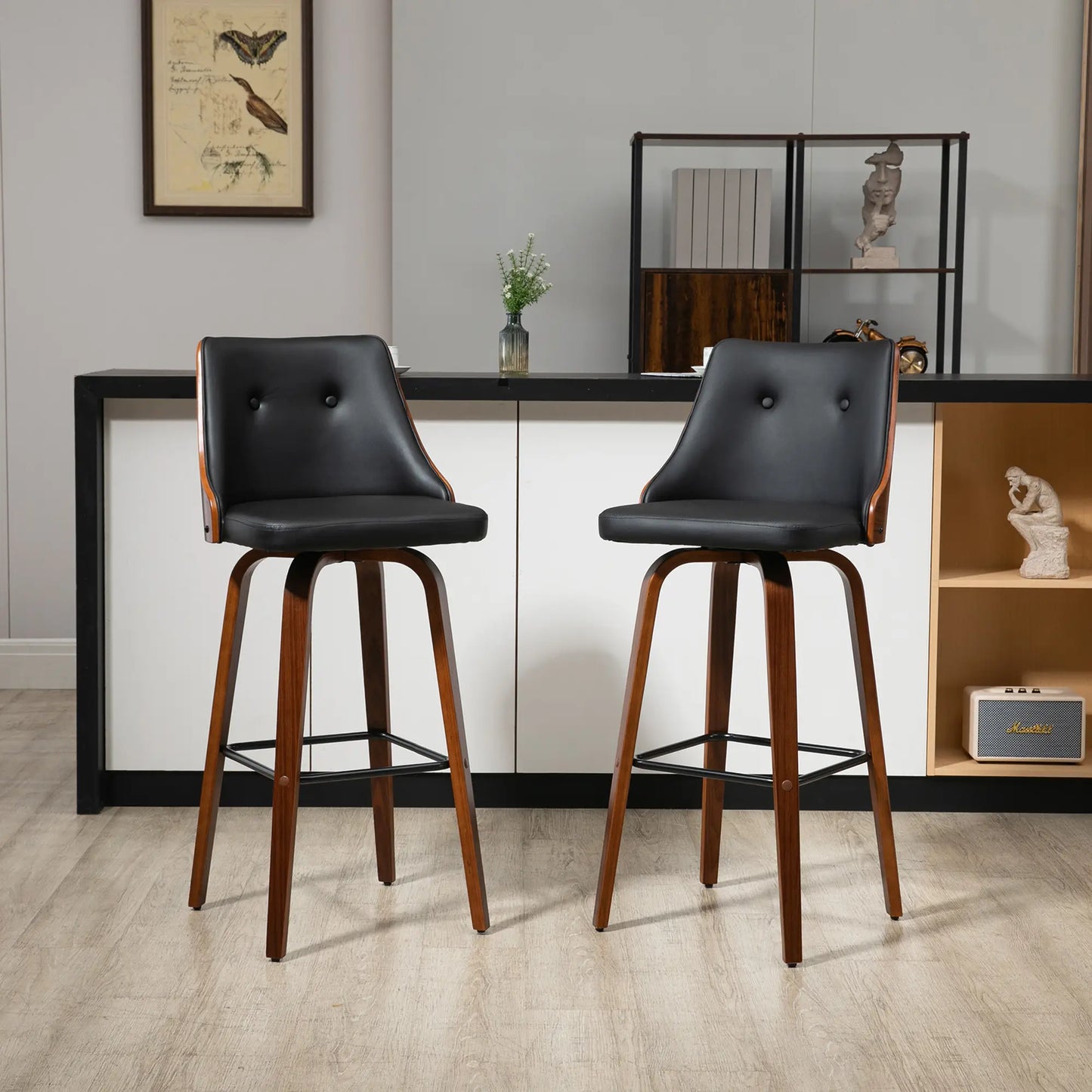 PU Leather Swivel Bar Stools, Set of 2, Solid Wood Legs, Black Bar Stools at Gallery Canada