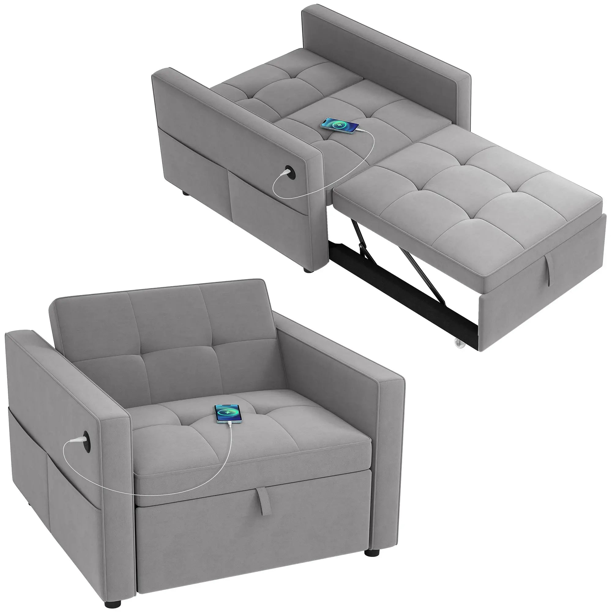 Convertible Chair Bed, Pull Out Sleeper with USB, Adjustable Backrest, Velvet Futon, Grey Single Sofas at Gallery Canada