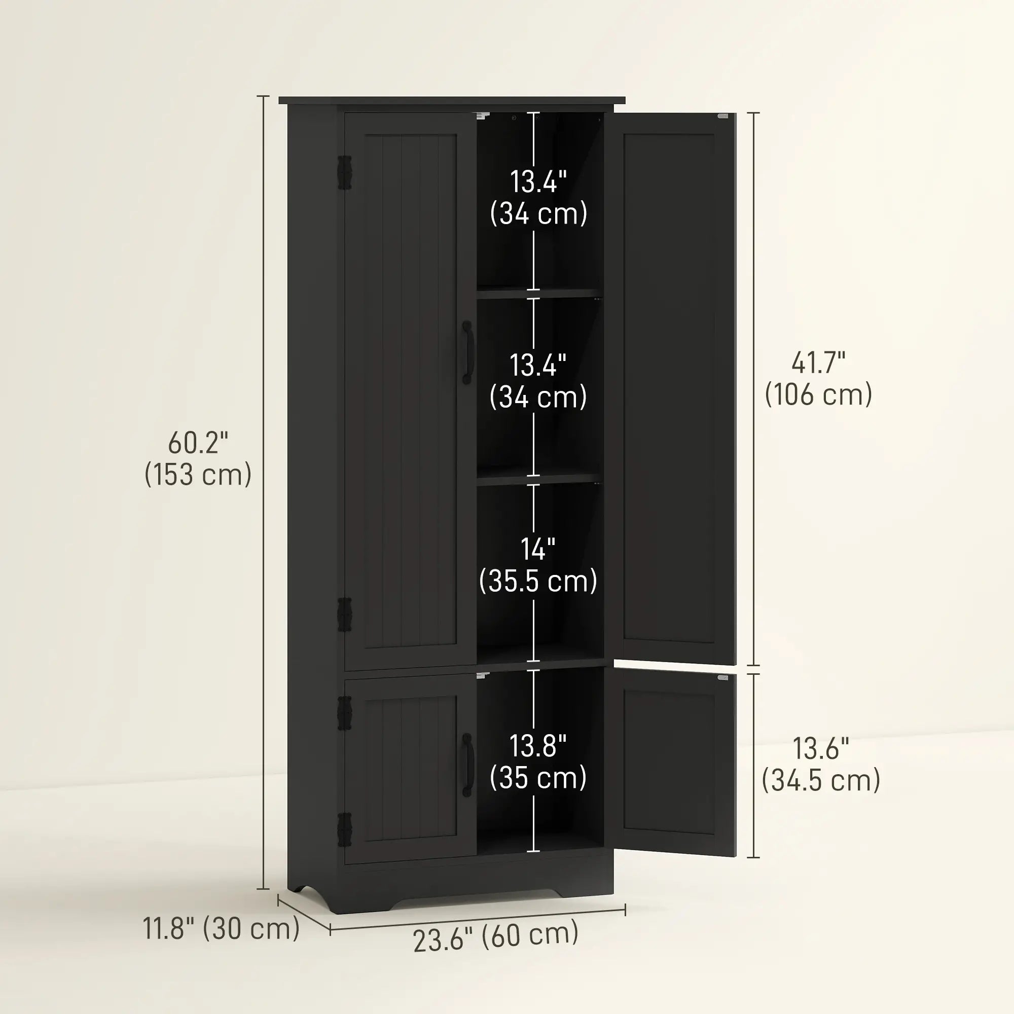 60 Inch 4-Door Storage Cabinet, Adjustable Shelves, Black Kitchen Pantry Cabinets at Gallery Canada