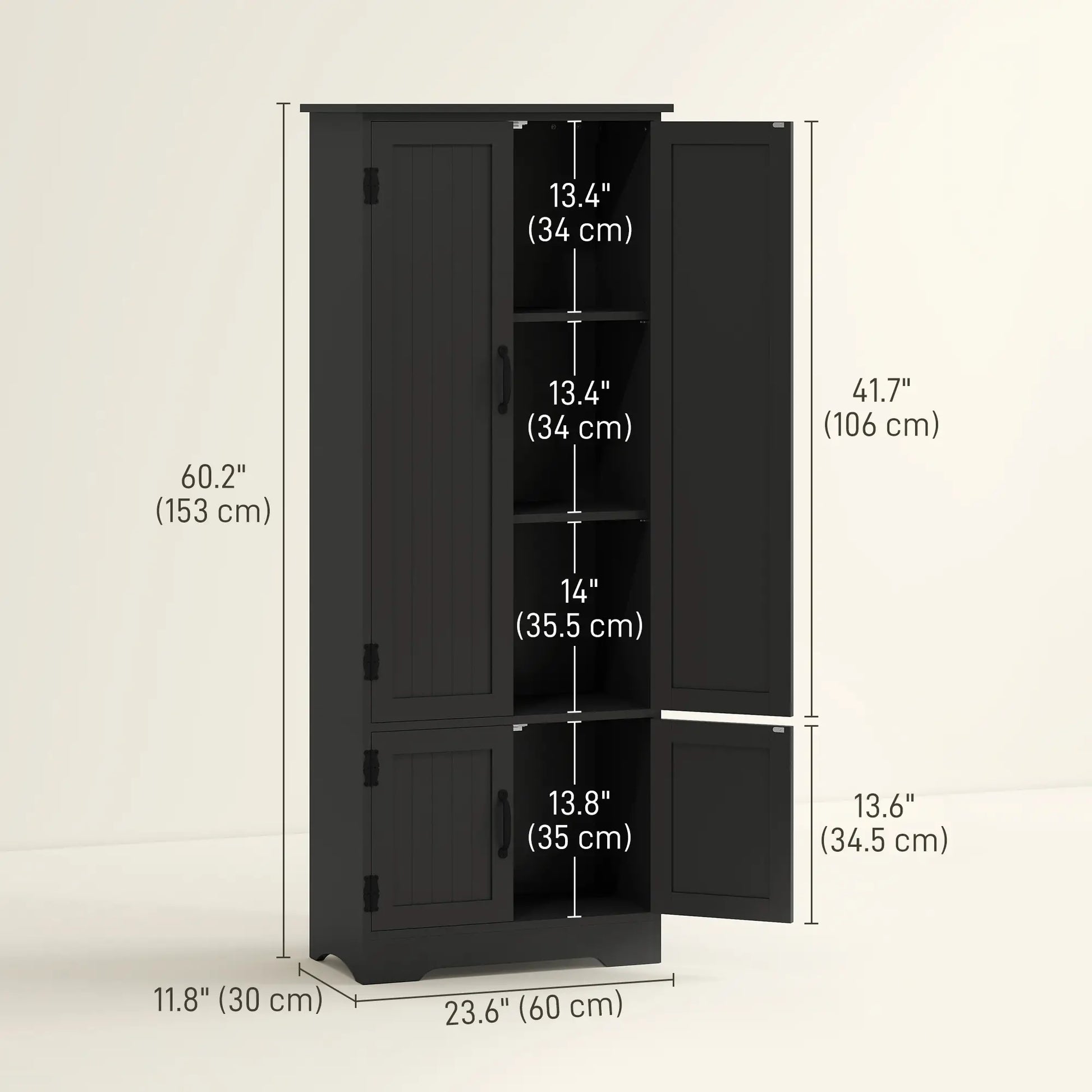 60 Inch 4-Door Storage Cabinet, Adjustable Shelves, Black Kitchen Pantry Cabinets at Gallery Canada