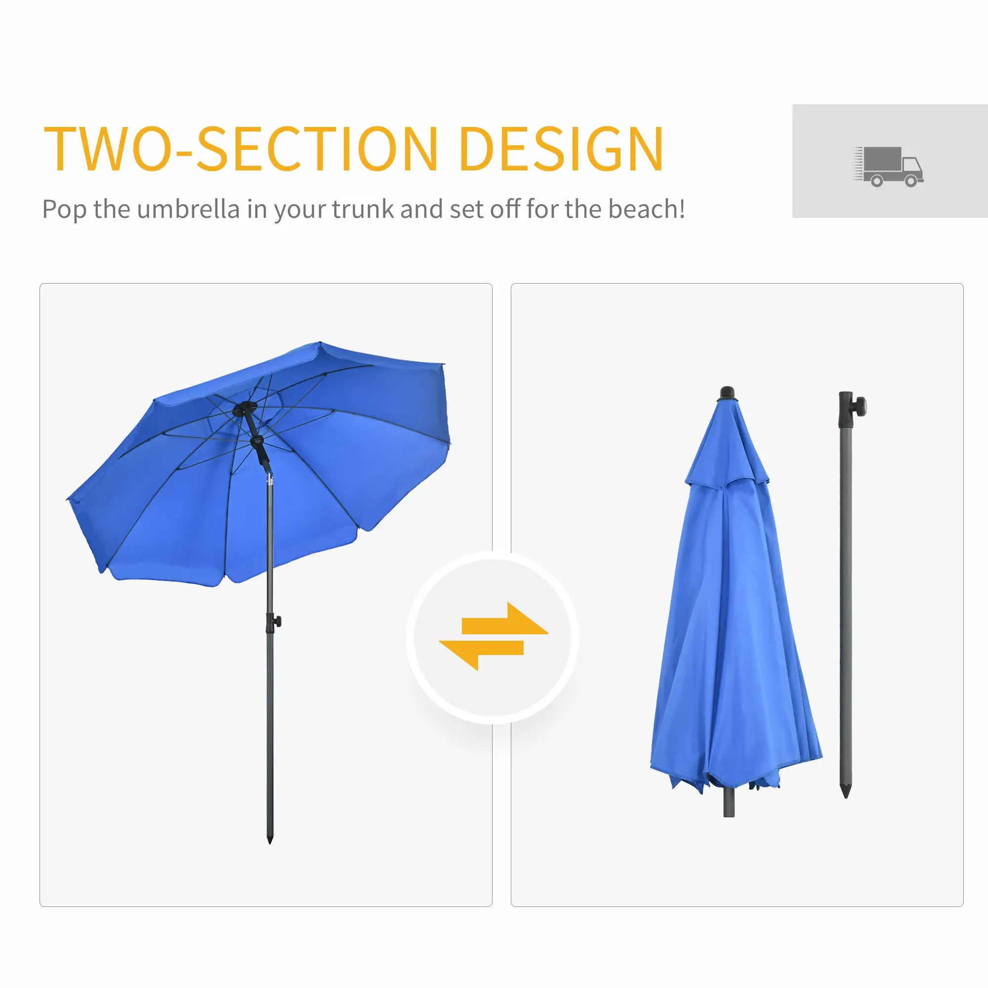 6ft Beach Umbrella, UV50+ Vented Canopy, Push Button Tilt, Blue Beach Umbrellas at Gallery Canada