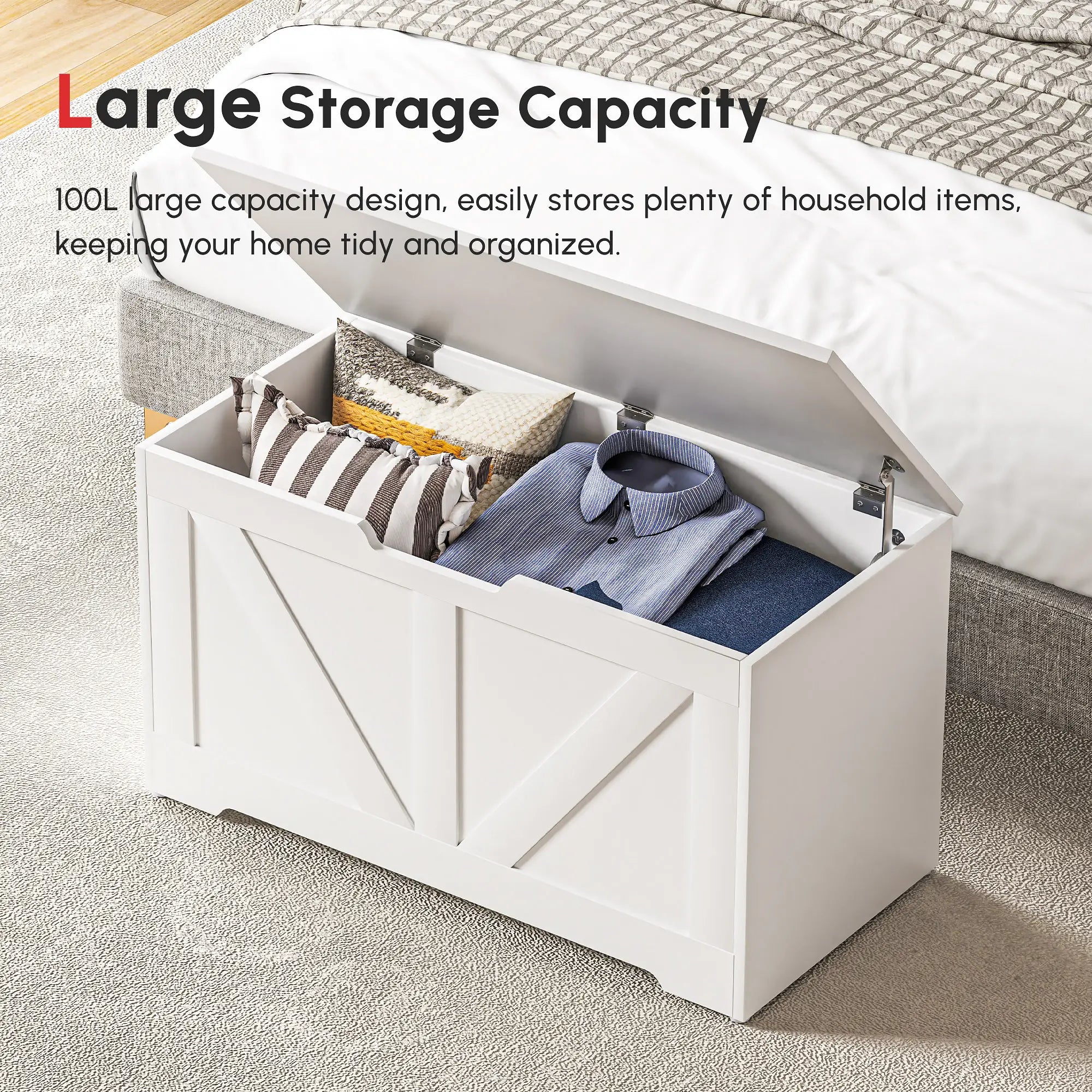 31.5 Inches Storage Chest, Storage Trunk with 2 Safety Hinges, Wooden Box for Living Room, White Wood Grain Storage Cabinets at Gallery Canada