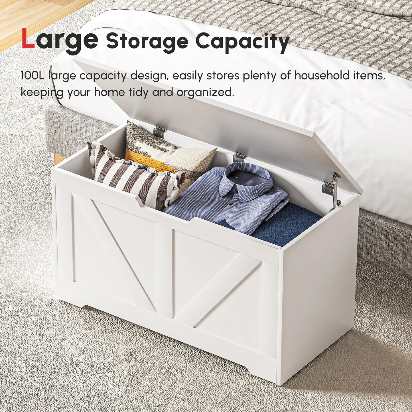 31.5 Inches Storage Chest, Storage Trunk with 2 Safety Hinges, Wooden Box for Living Room, White Wood Grain Storage Cabinets at Gallery Canada