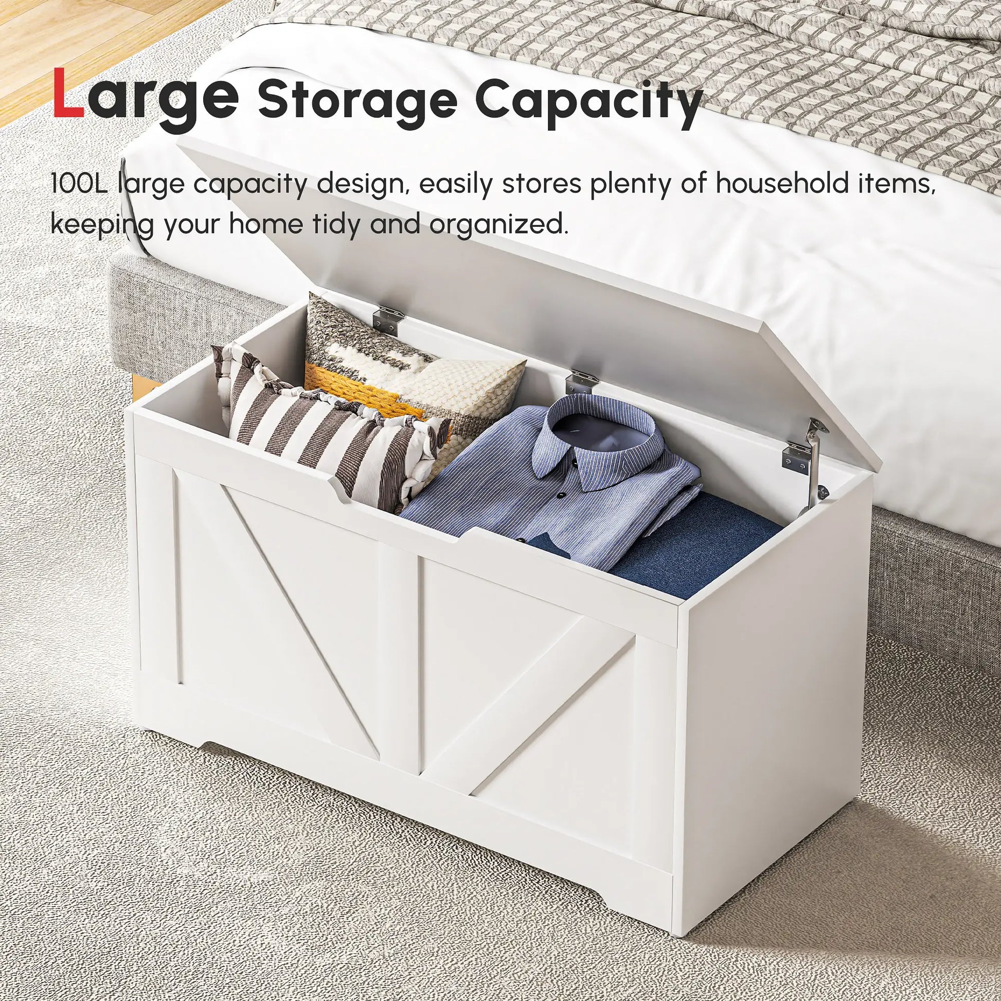 31.5 Inches Storage Chest, Storage Trunk with 2 Safety Hinges, Wooden Box for Living Room, White Wood Grain Storage Cabinets at Gallery Canada