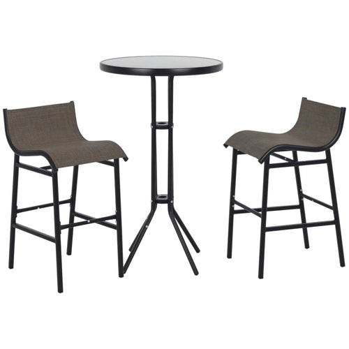 3pcs Patio Bar Set, 2 Bar Stools, 1 Tempered Glass Table, Tan