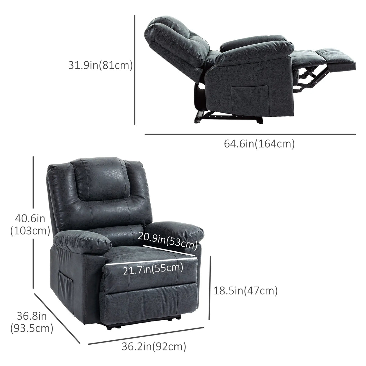 PU Leather Recliner Chair, Manual, Living Room, Footrest, Side Pockets, Steel Frame, Black Single Sofas at Gallery Canada