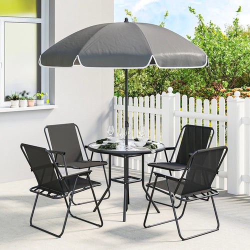 6 Piece Patio Dining Set, Glass Table, Folding Chairs, Black