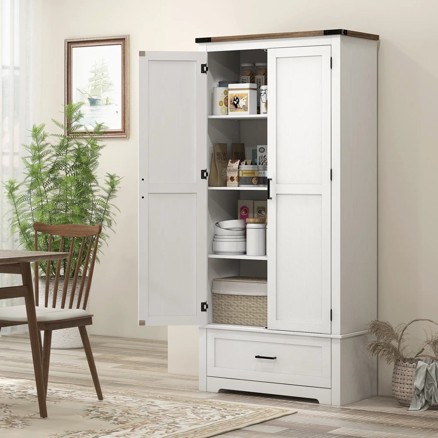 69" Tall Farmhouse Pantry Cabinet, 2 Doors, Drawer, Adjustable Shelves, White Kitchen Pantry Cabinets at Gallery Canada