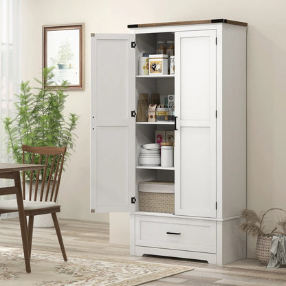 69" Tall Farmhouse Pantry Cabinet, 2 Doors, Drawer, Adjustable Shelves, White Kitchen Pantry Cabinets at Gallery Canada
