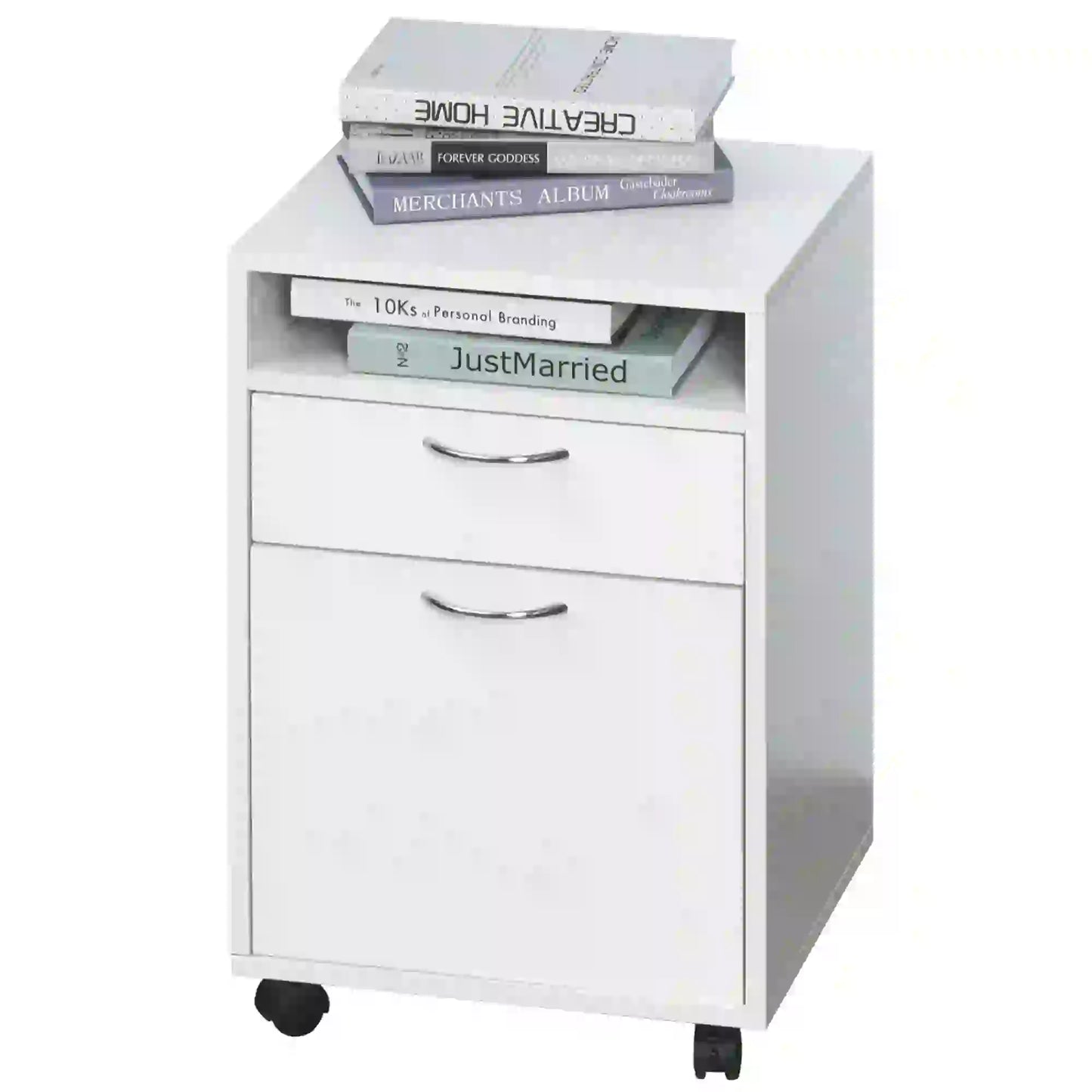 24" Small Filing Cabinet, Open Compartment, Drawer, Wheels, White Office Cabinets & Cupboards at Gallery Canada