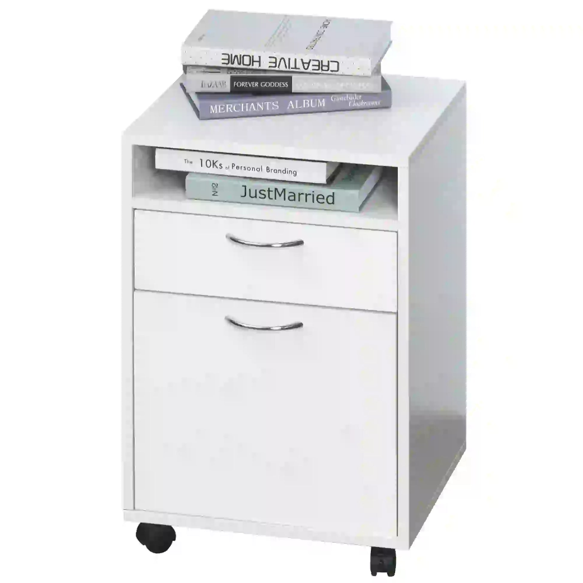 24" Small Filing Cabinet, Open Compartment, Drawer, Wheels, White Office Cabinets & Cupboards at Gallery Canada