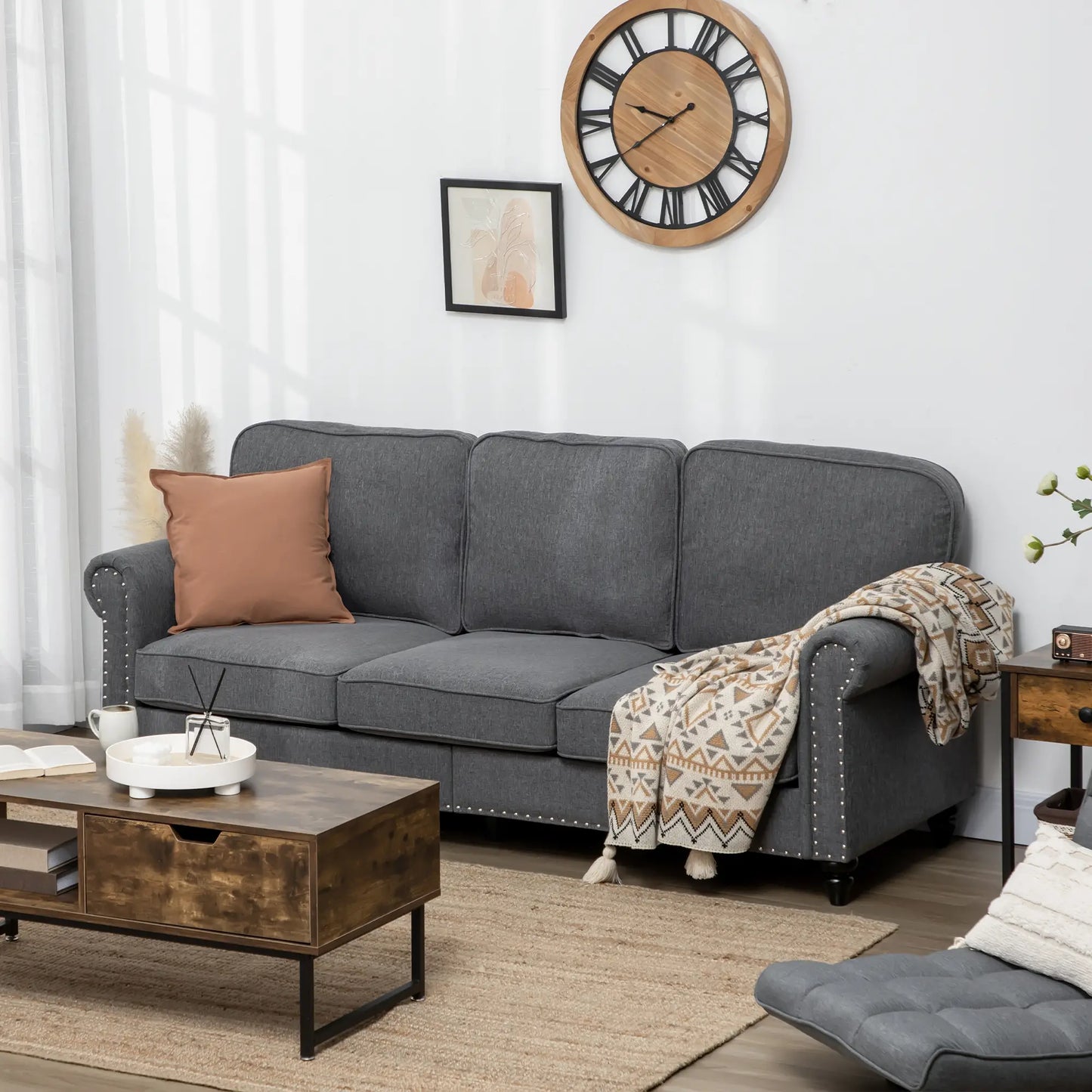 3-Seater Sofa, 81" Upholstered Linen Fabric, Rubberwood Legs, Grey 3-Seater Sofas at Gallery Canada