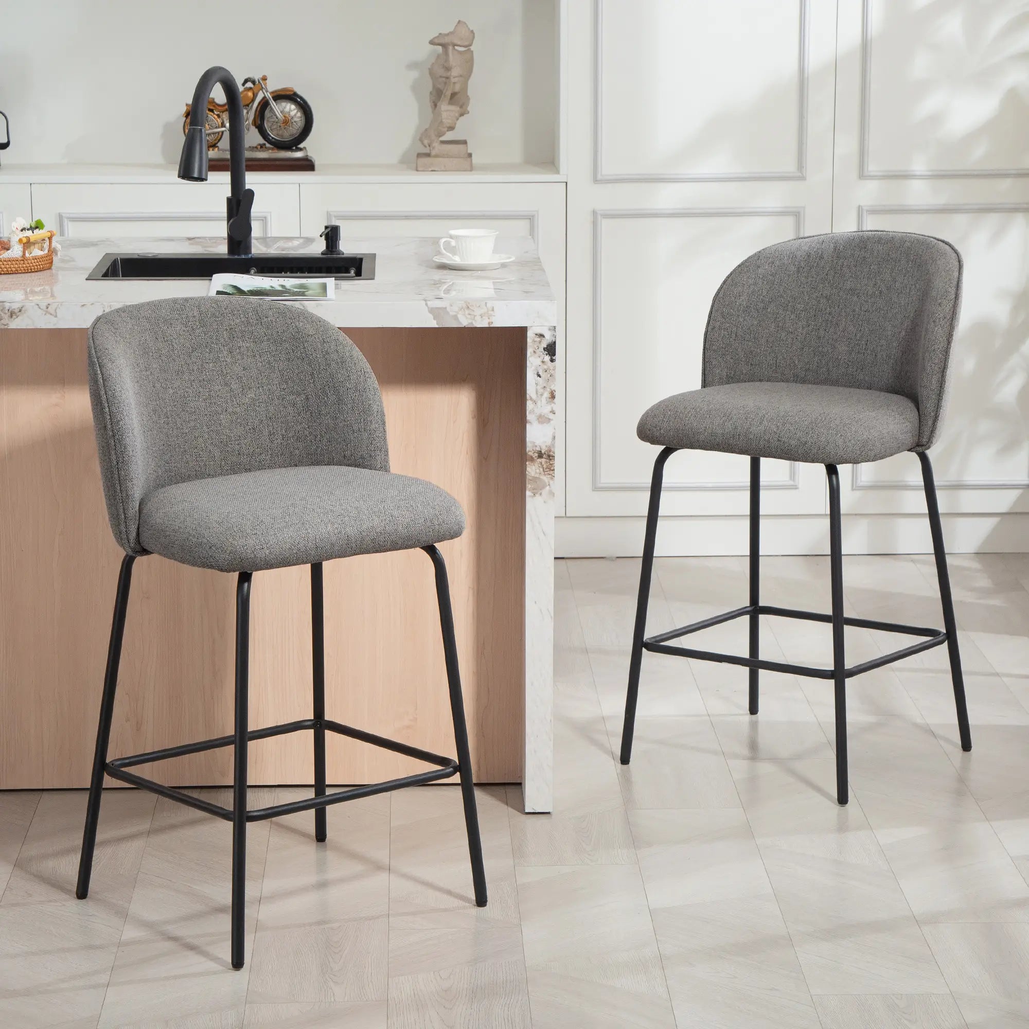 Set of 2 Counter Height Barstools, Upholstered Linen with Backrest, Dark Grey Bar Stools at Gallery Canada