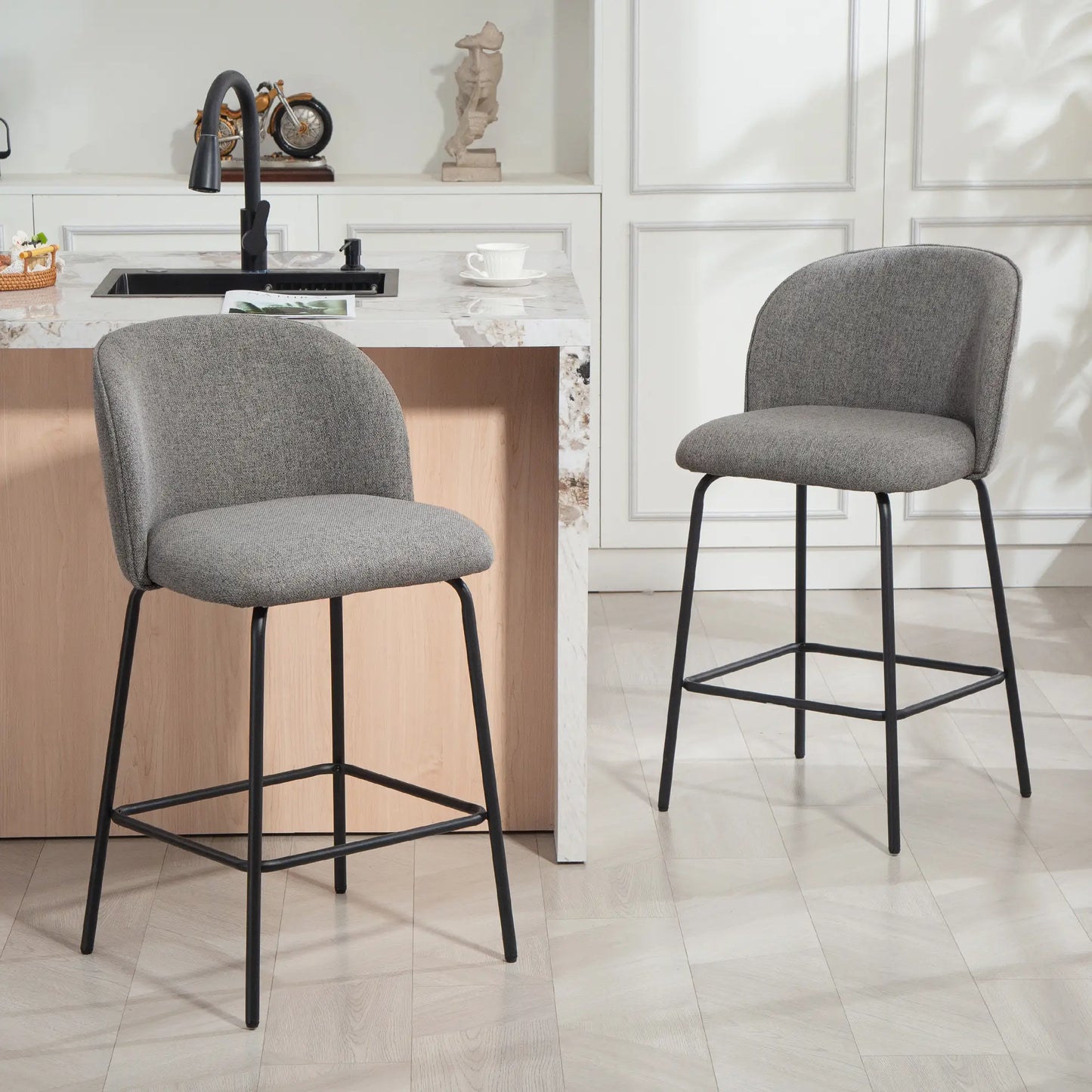 Set of 2 Counter Height Barstools, Upholstered Linen with Backrest, Dark Grey Bar Stools at Gallery Canada