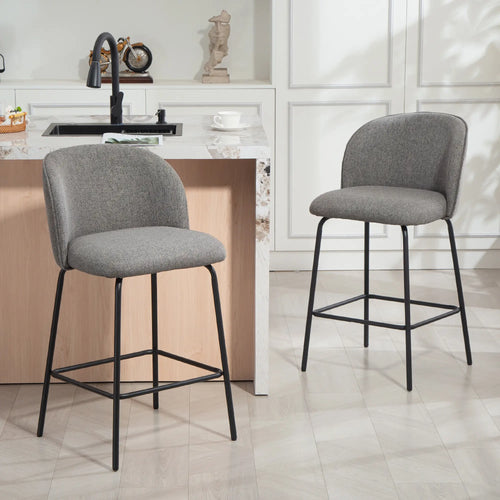 Set of 2 Counter Height Barstools, Upholstered Linen with Backrest, Dark Grey