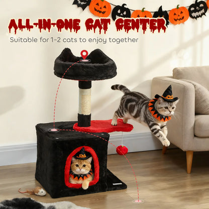 28" Gothic Cat Tree Tower, Plush Bed, Condo, Scratching Post, Red & Black Cat Posts at Gallery Canada