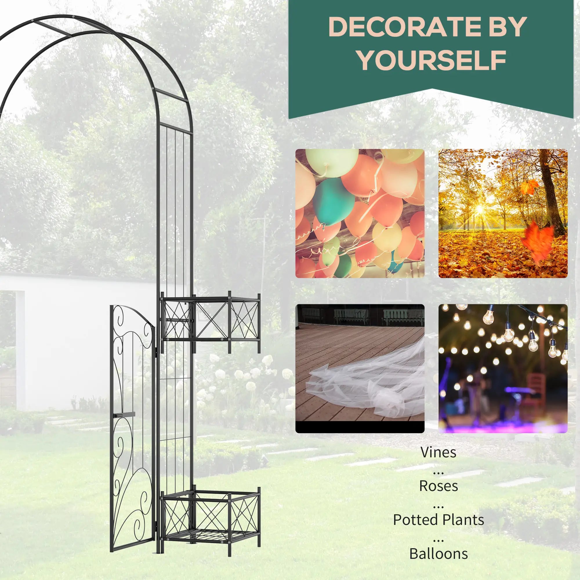 7.1FT Metal Garden Arch with Gate, 4 Planter Boxes, Black Garden Arches at Gallery Canada