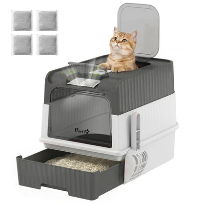 Enclosed Cat Litter Box with Drawer, Scoop, Grey