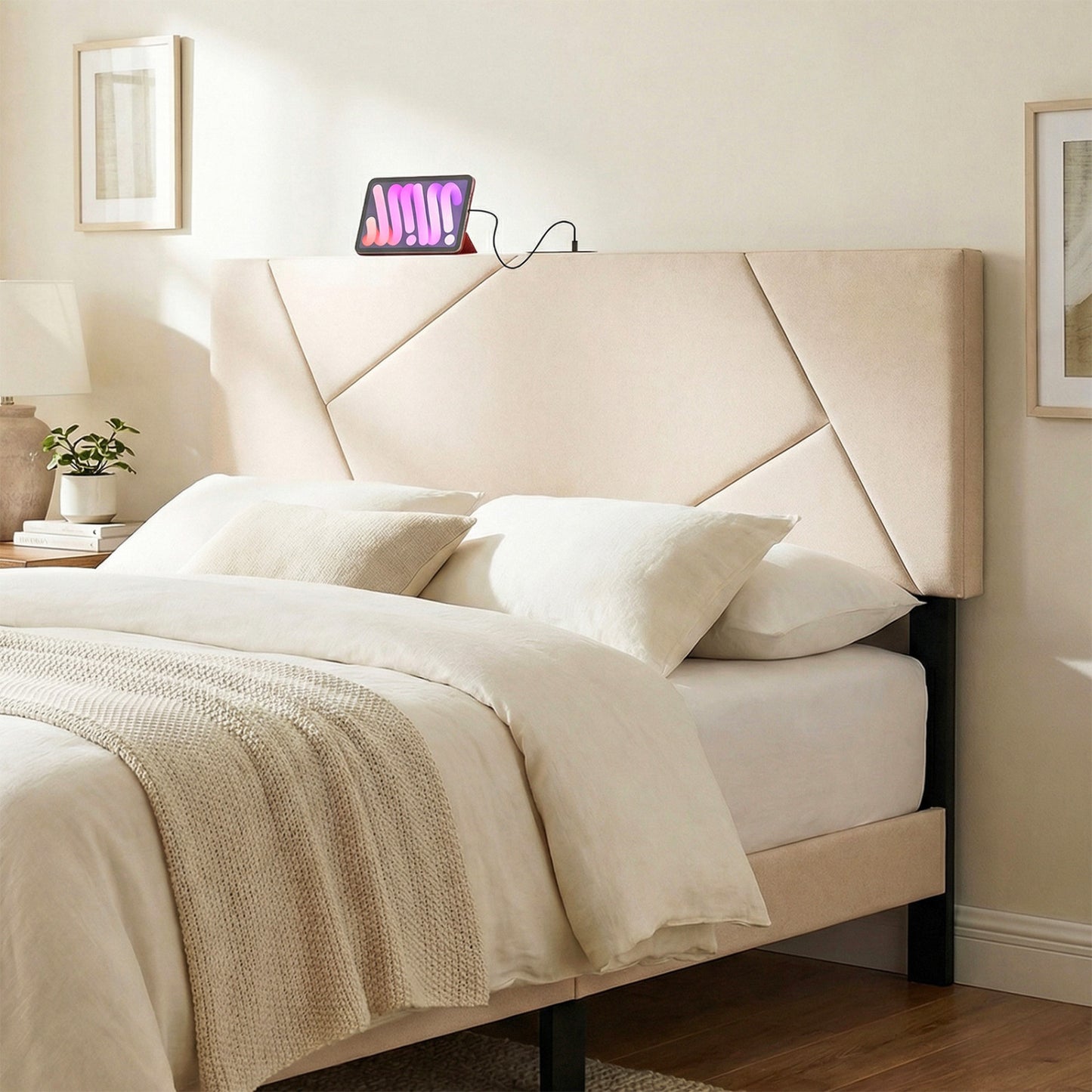 Full Size Bed Headboard, Queen Geometric Upholstered, Beige Headboards at Gallery Canada
