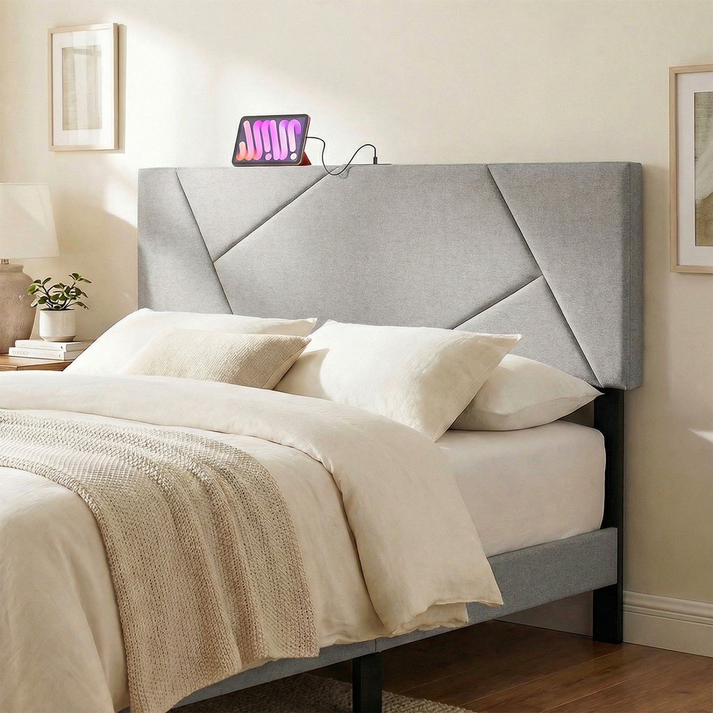 Full Size Queen Geometric Upholstered Headboard, Gray Headboards at Gallery Canada