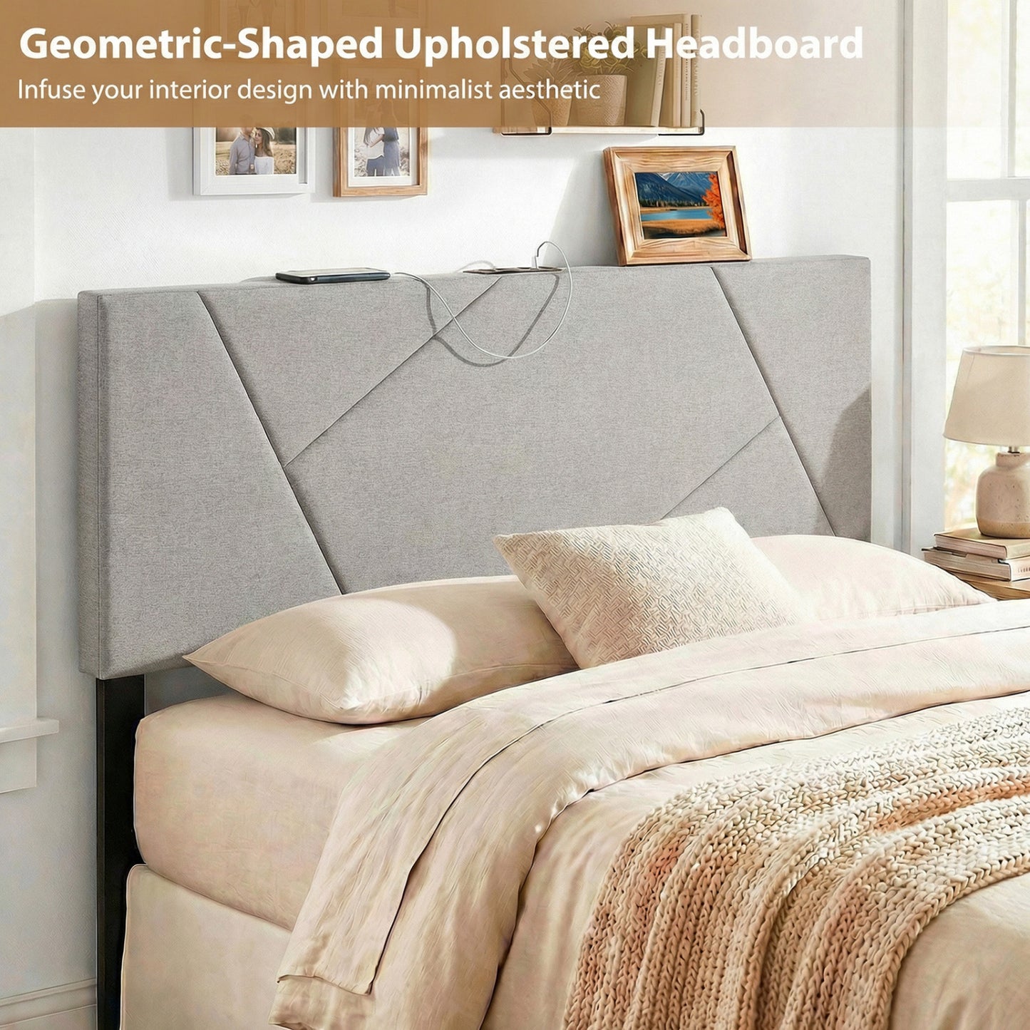 Full Size Queen Geometric Upholstered Headboard, Gray Headboards at Gallery Canada