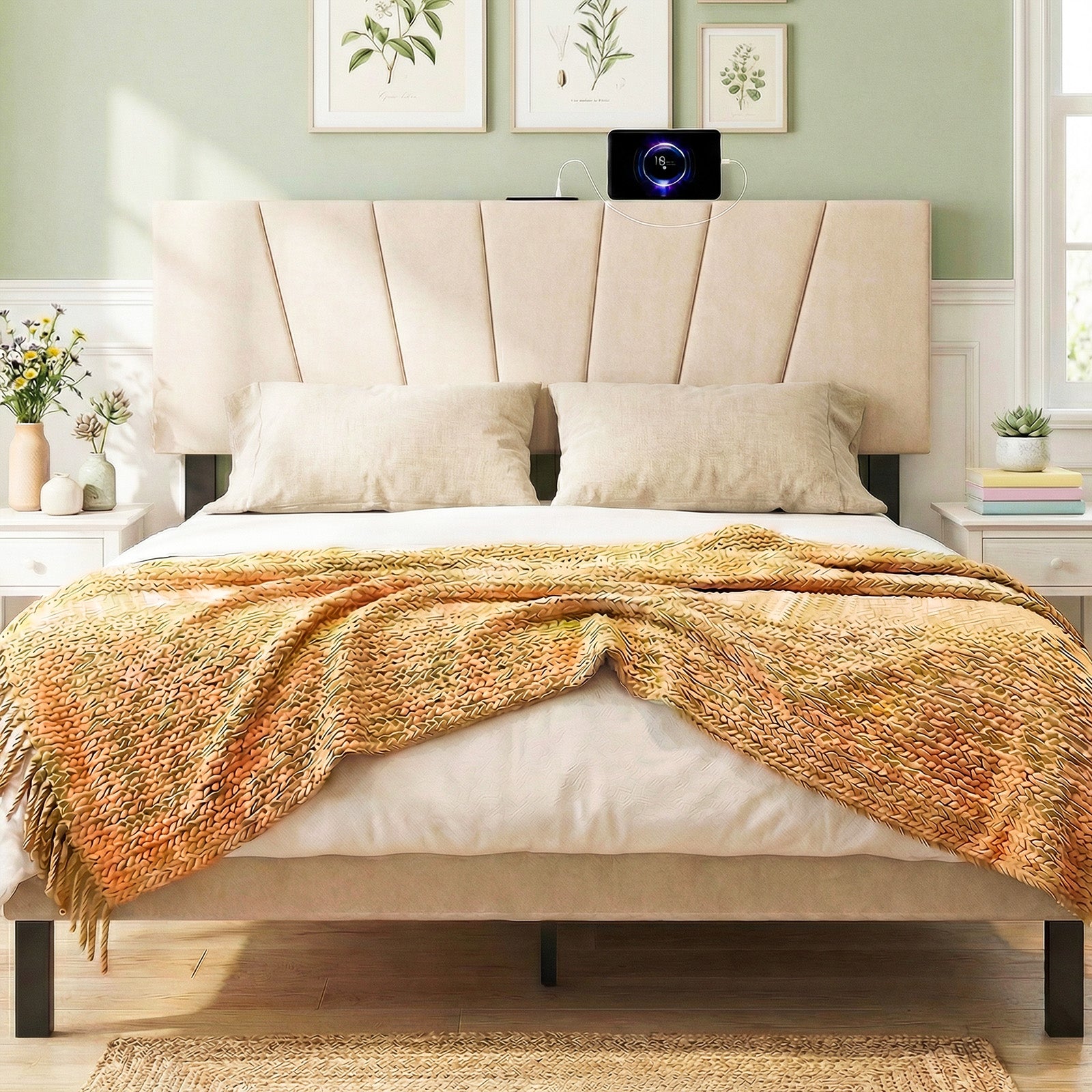 Geometric Upholstered Headboard, Queen Full Size, Beige Headboards at Gallery Canada