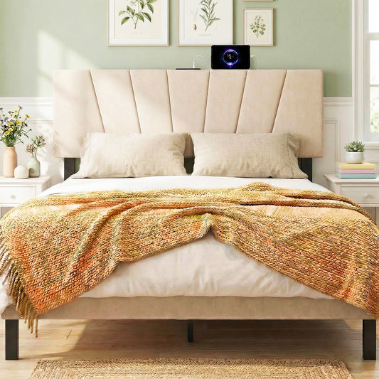 Geometric Upholstered Headboard, Queen Full Size, Beige Headboards Beige at Gallery Canada