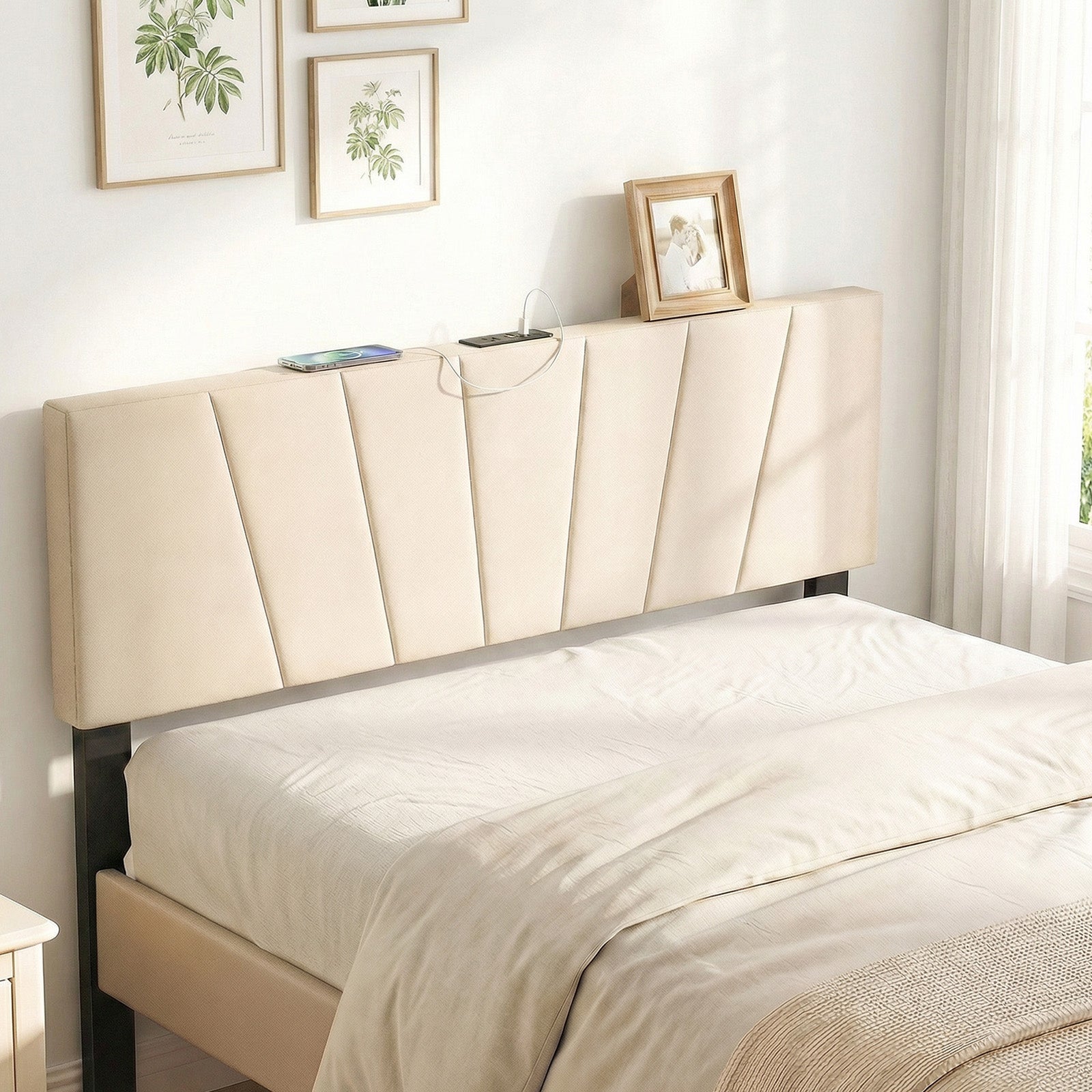 Geometric Upholstered Headboard, Queen Full Size, Beige Headboards at Gallery Canada